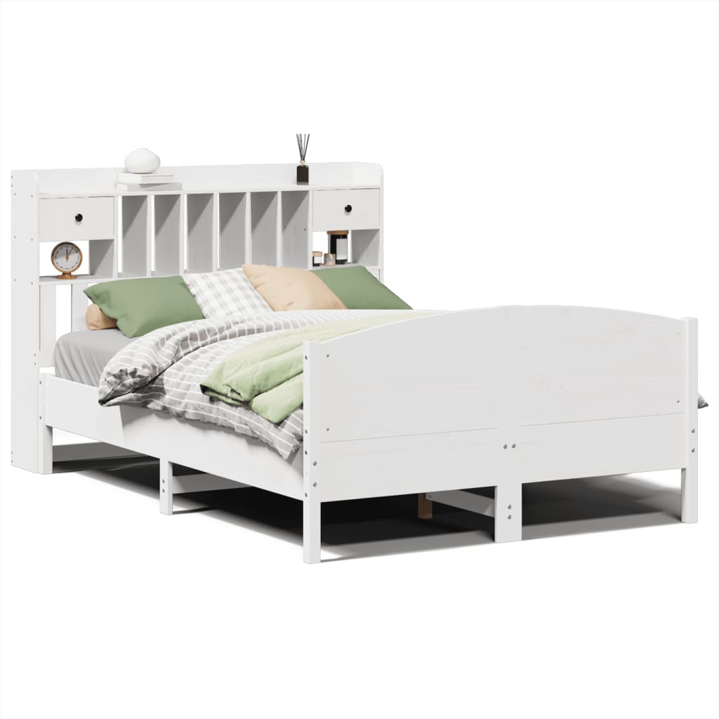 Seng med bokhylle uten madrass hvit 140x200 cm heltre furu