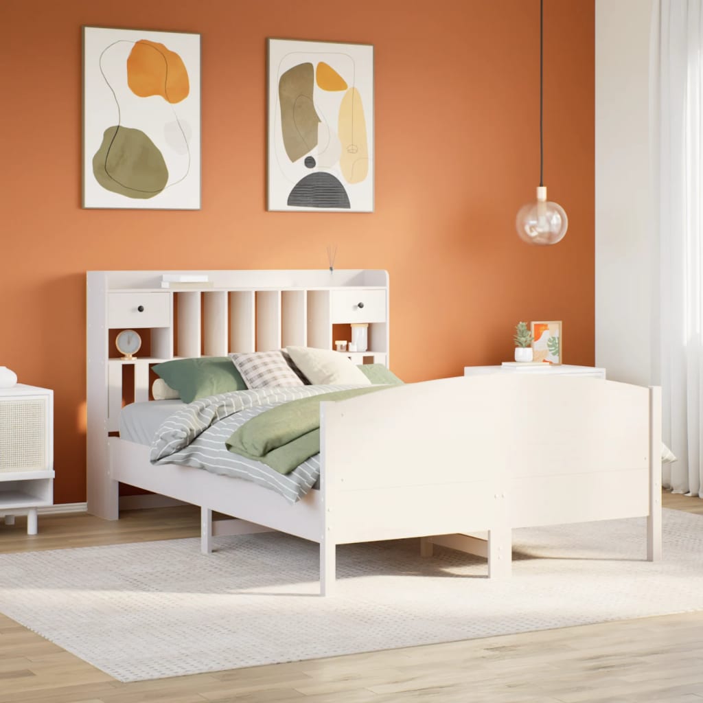 Seng med bokhylle uten madrass hvit 140x200 cm heltre furu