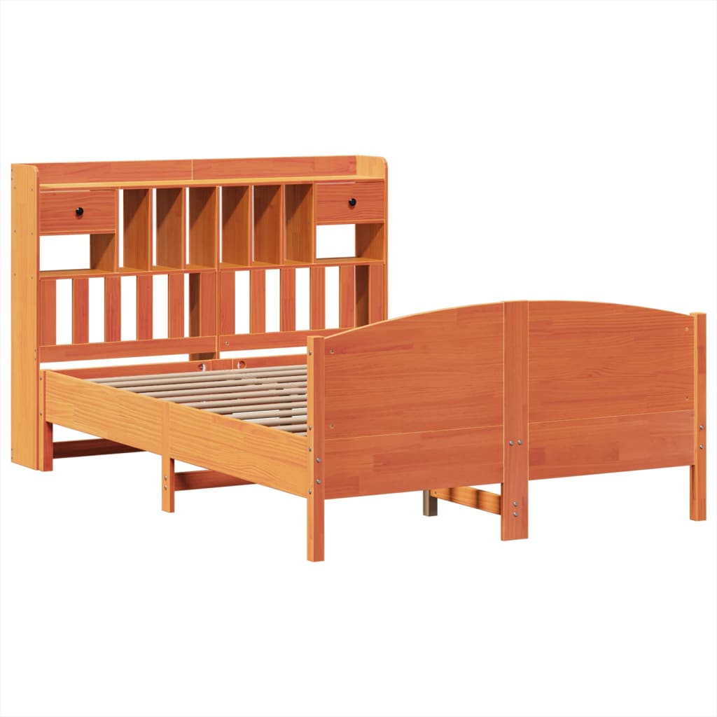 Seng med bokhylle uten madrass voksbrun 140x200 cm heltre furu
