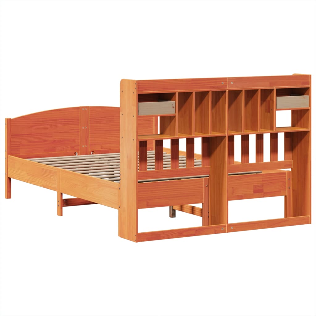 Seng med bokhylle uten madrass voksbrun 140x200 cm heltre furu