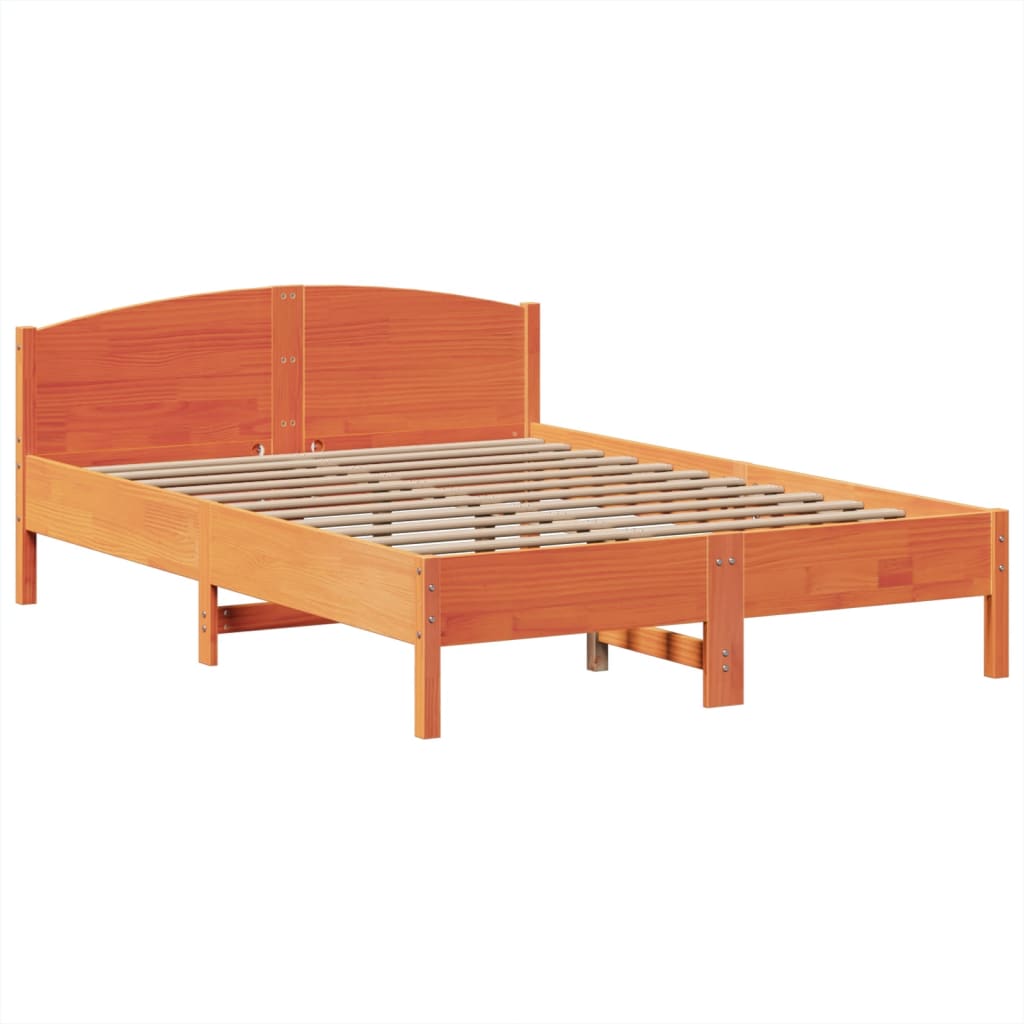Seng med bokhylle uten madrass voksbrun 140x200 cm heltre furu