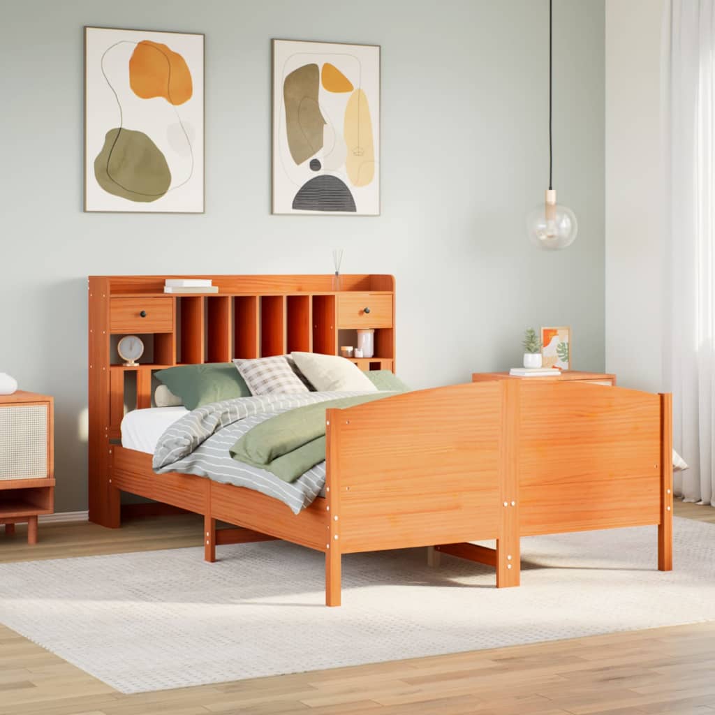 Seng med bokhylle uten madrass voksbrun 140x200 cm heltre furu