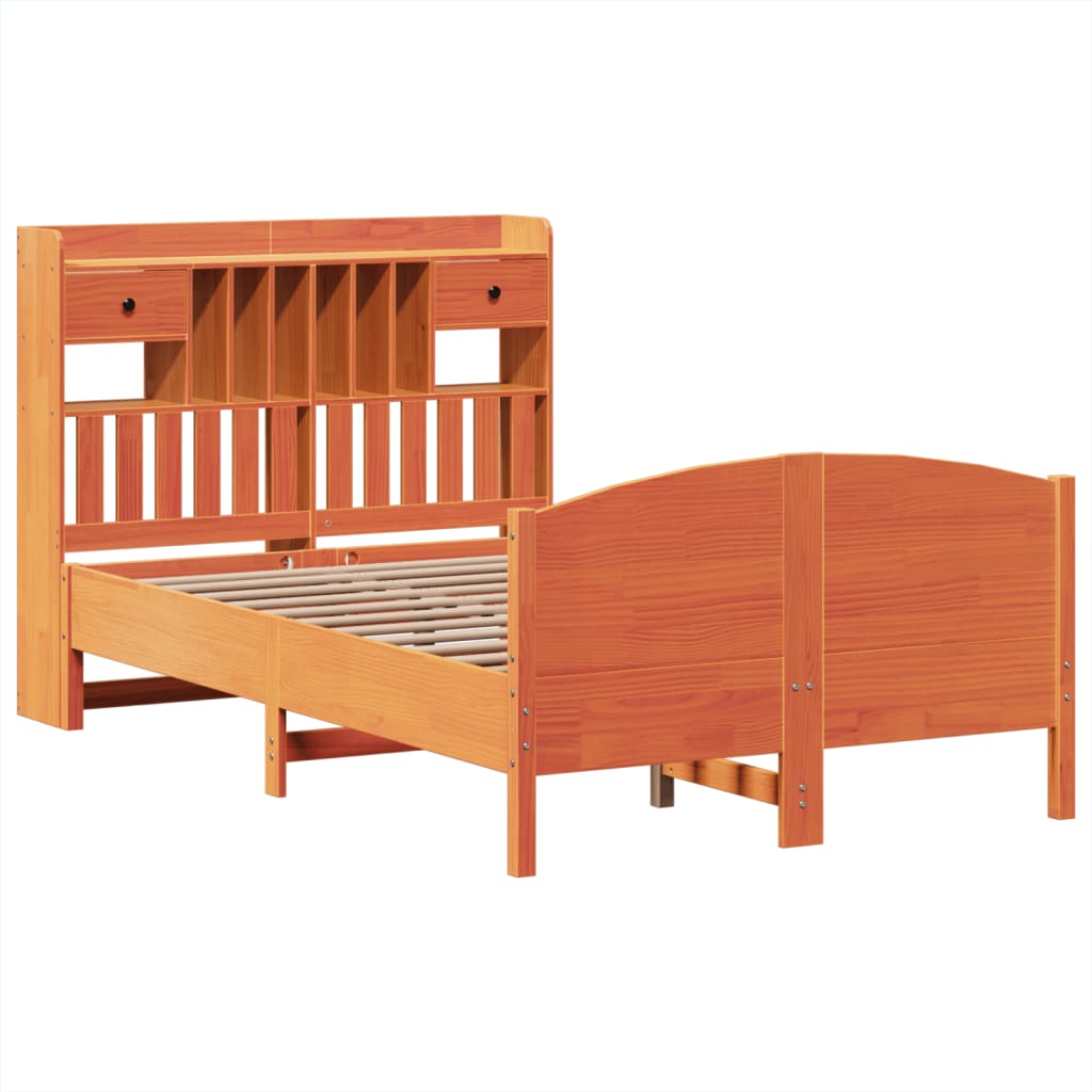 Seng med bokhylle uten madrass voksbrun 135x190 cm heltre furu