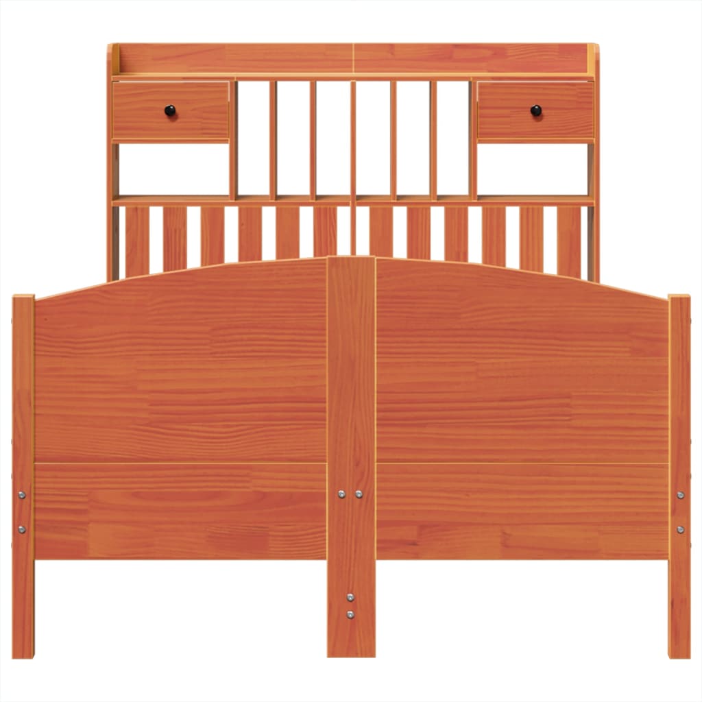 Seng med bokhylle uten madrass voksbrun 135x190 cm heltre furu