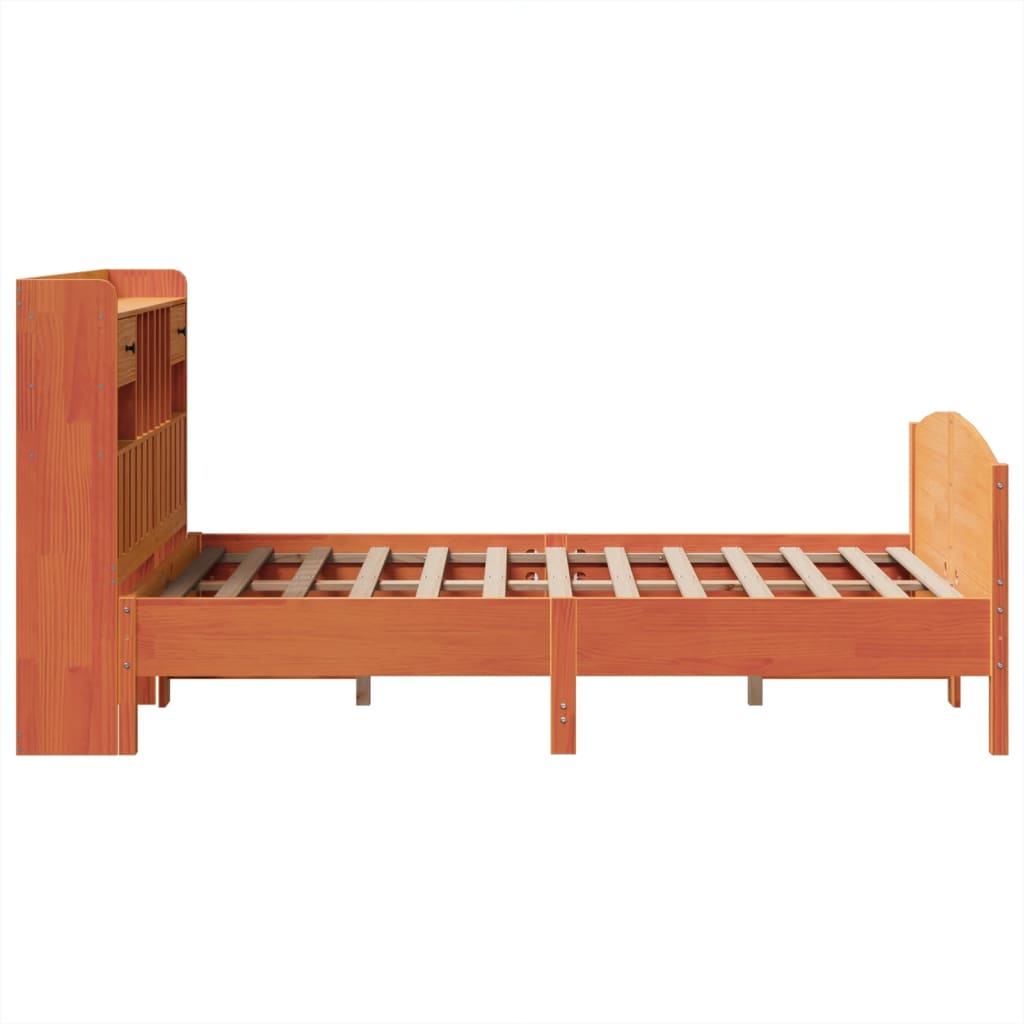 Seng med bokhylle uten madrass voksbrun 135x190 cm heltre furu