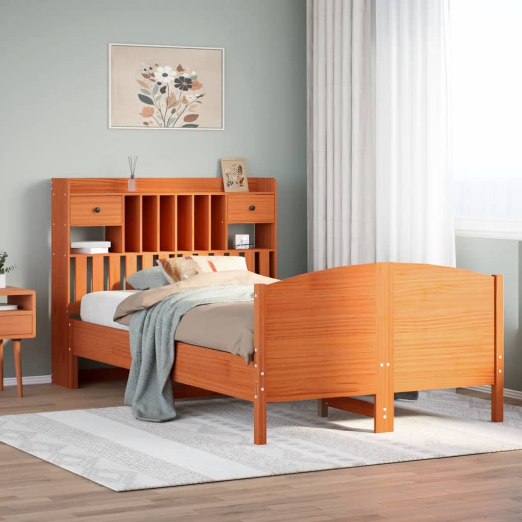 Seng med bokhylle uten madrass voksbrun 135x190 cm heltre furu