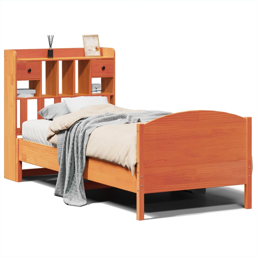 Seng med bokhylle uten madrass voksbrun 75x190 cm heltre furu