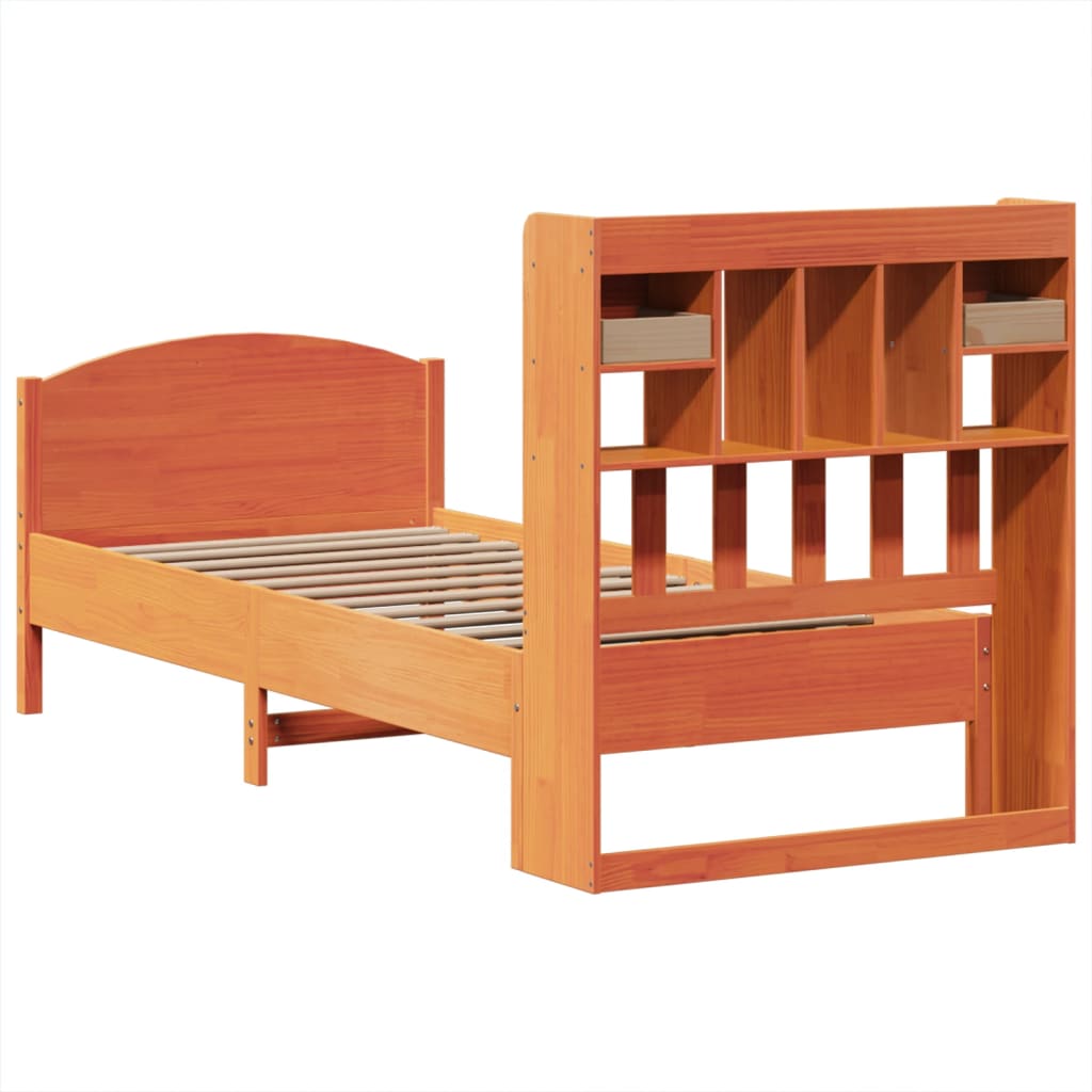 Seng med bokhylle uten madrass voksbrun 75x190 cm heltre furu