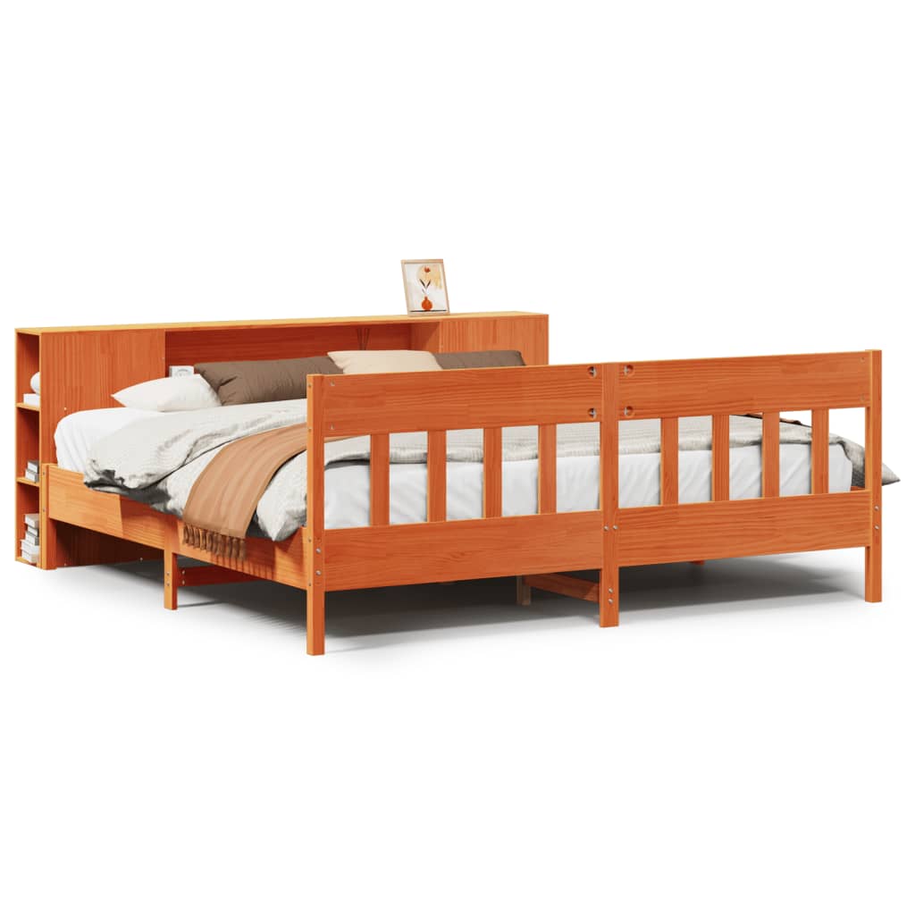 Seng med bokhylle uten madrass voksbrun 200x200 cm heltre furu
