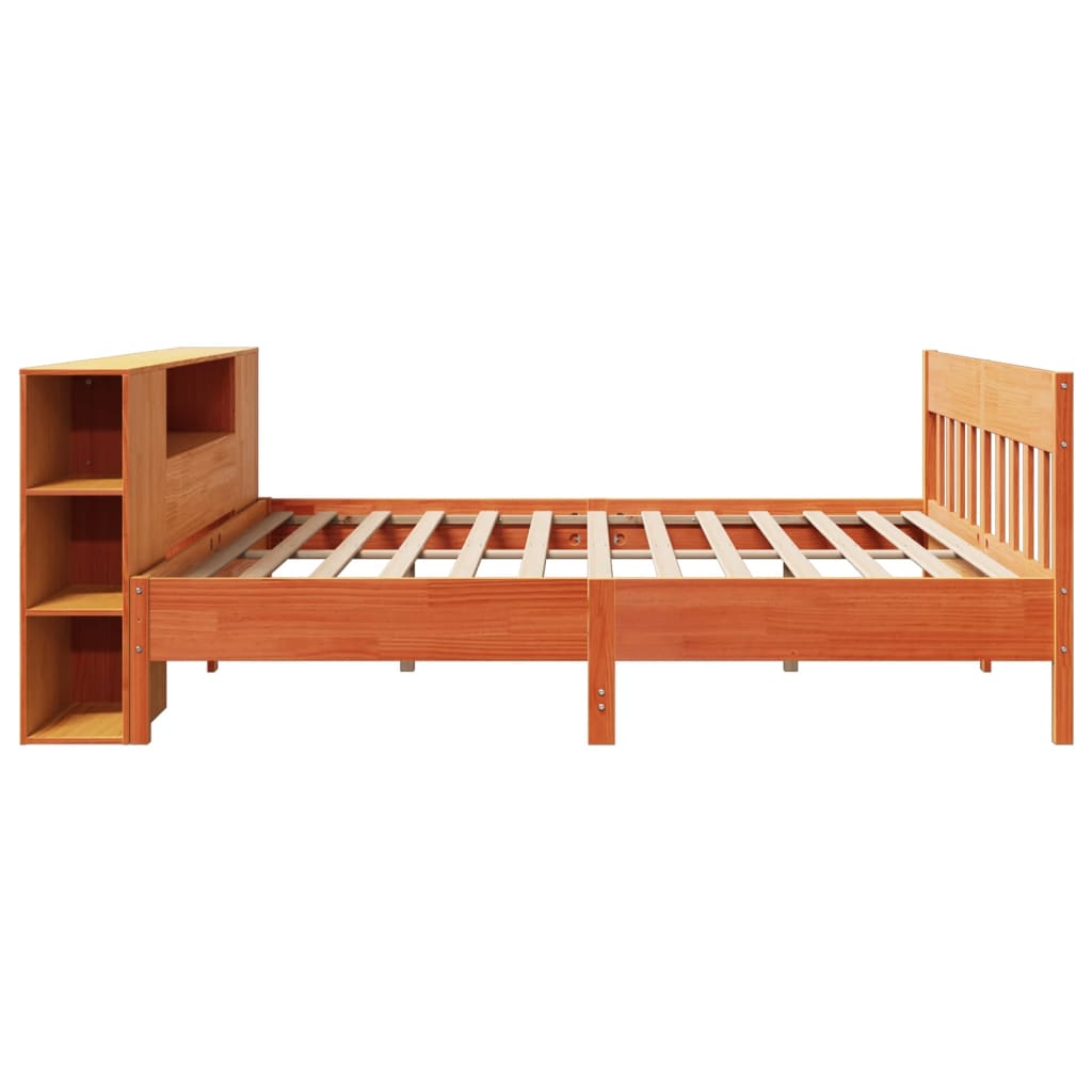Seng med bokhylle uten madrass voksbrun 200x200 cm heltre furu