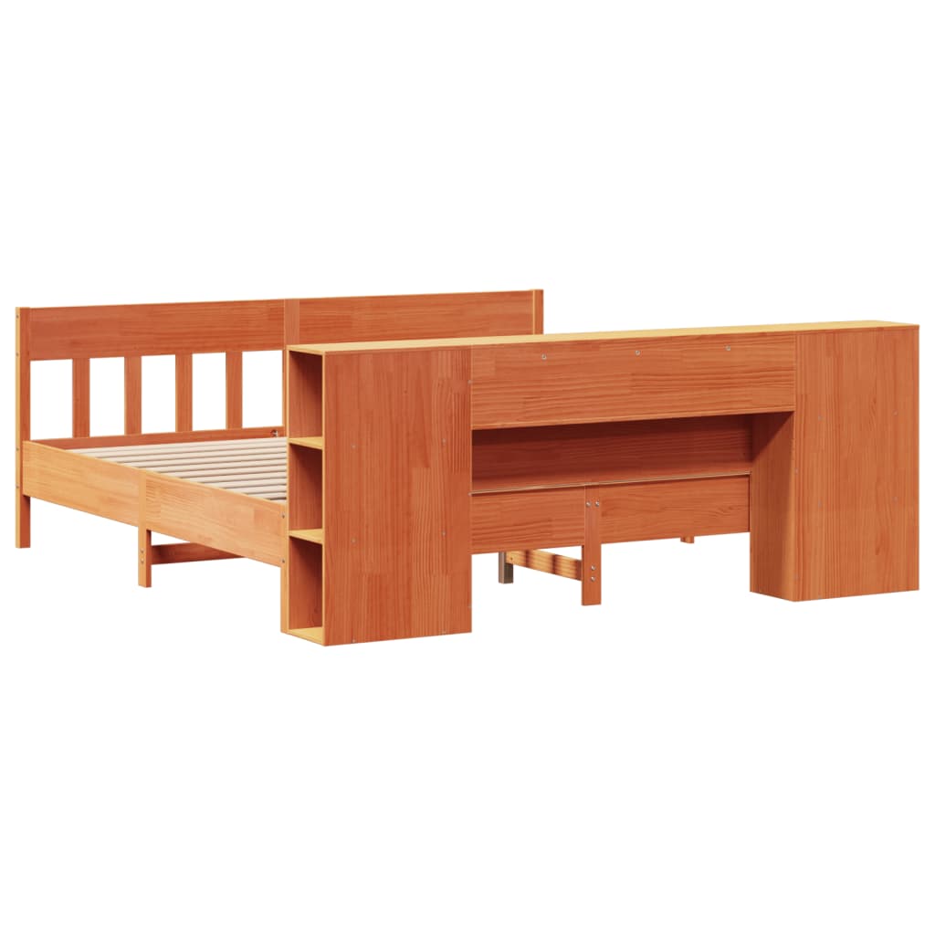 Seng med bokhylle uten madrass voksbrun 200x200 cm heltre furu