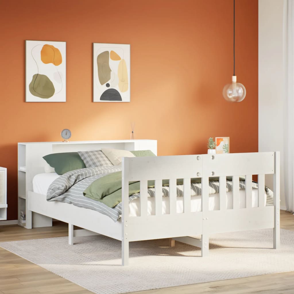 Seng med bokhylle uten madrass hvit 150x200 cm heltre furu