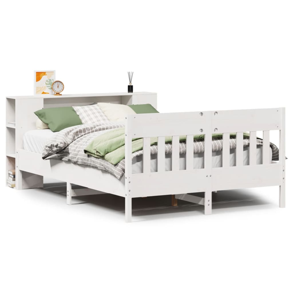Seng med bokhylle uten madrass hvit 140x200 cm heltre furu