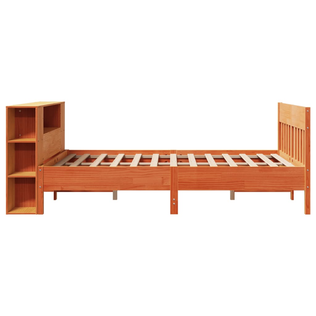 Seng med bokhylle uten madrass voksbrun 140x200 cm heltre furu
