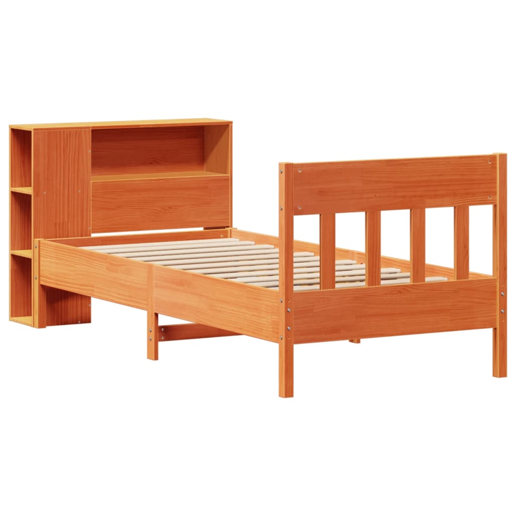 Seng med bokhylle uten madrass voksbrun 100x200 cm heltre furu