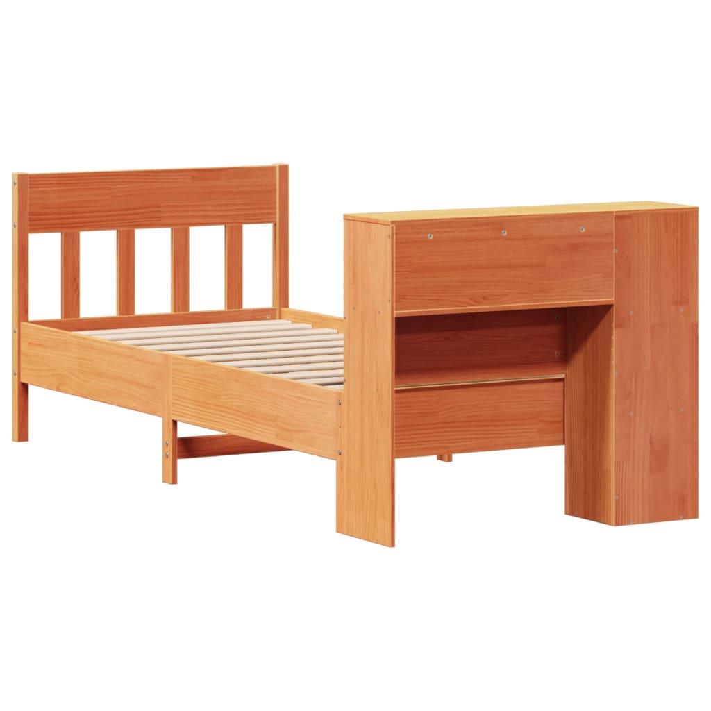 Seng med bokhylle uten madrass voksbrun 100x200 cm heltre furu