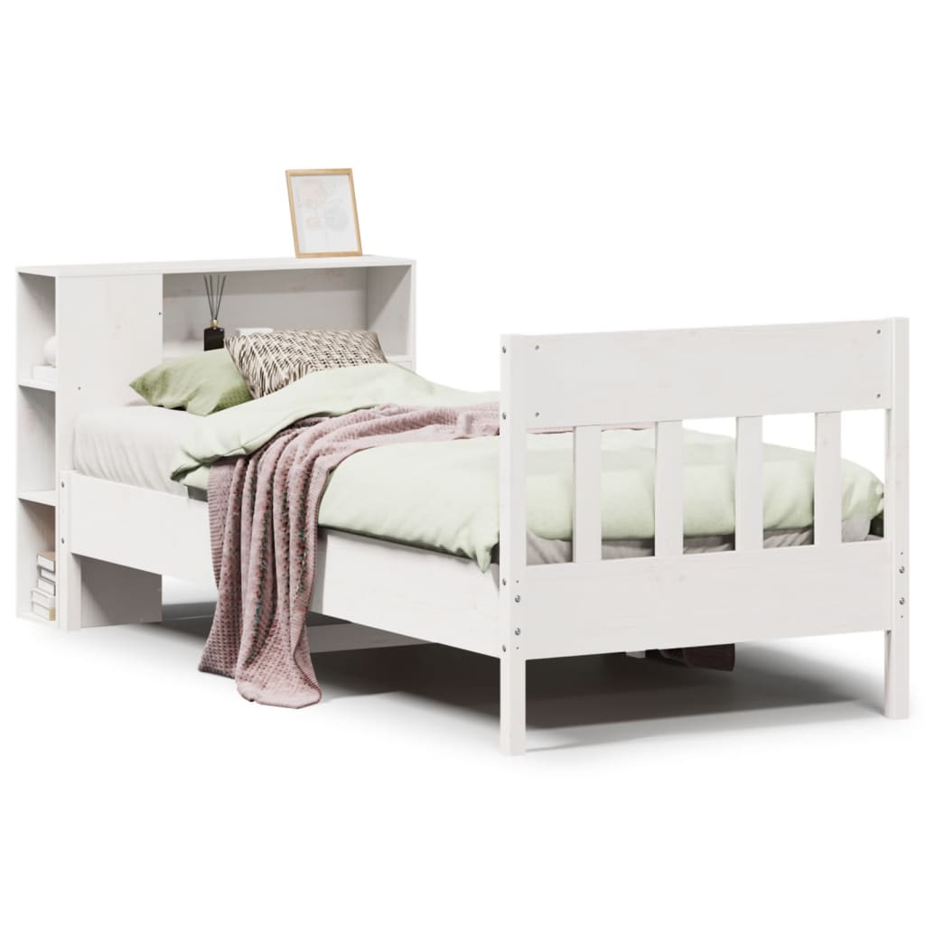 Seng med bokhylle uten madrass hvit 75x190 cm heltre furu