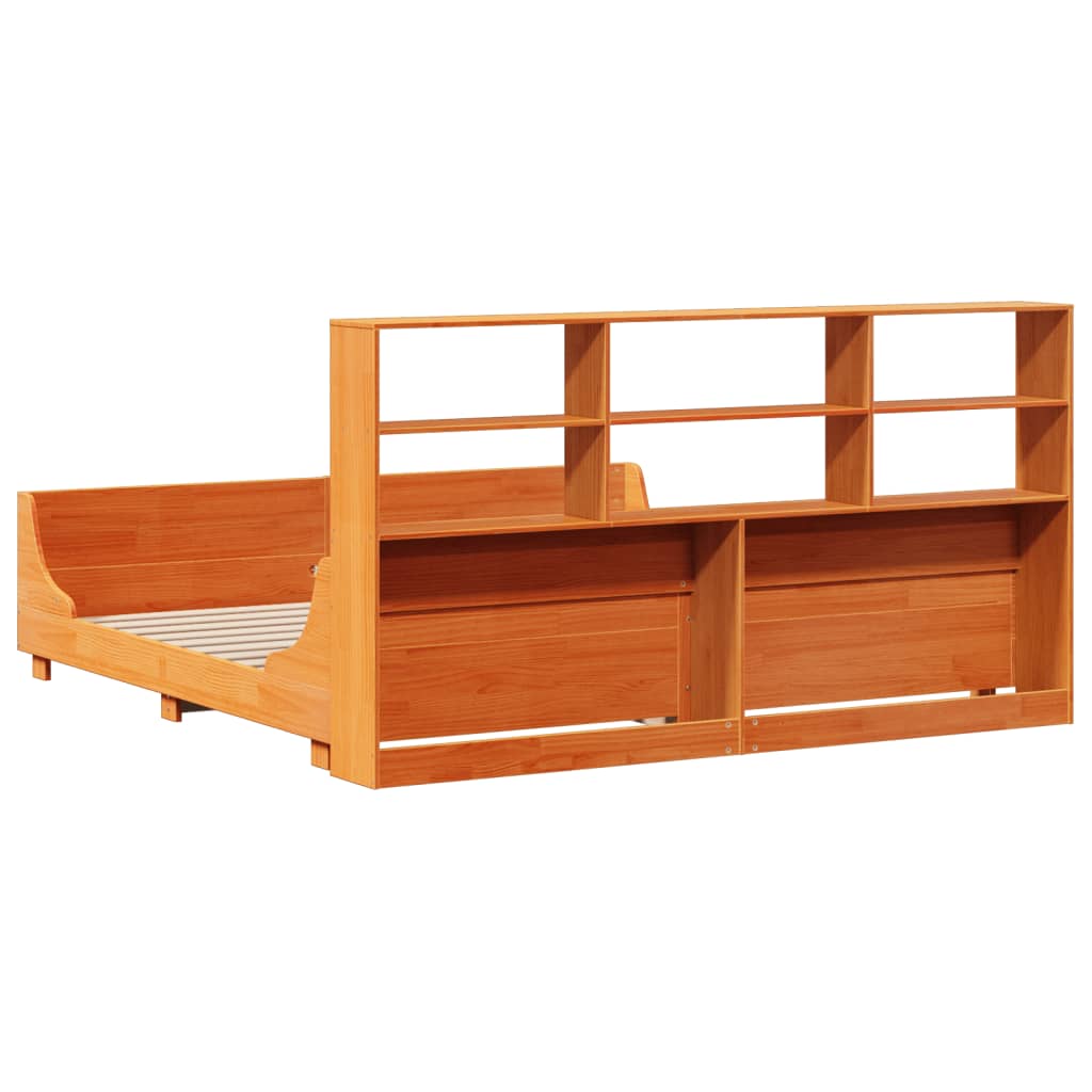 Seng med bokhylle uten madrass voksbrun 200x200 cm heltre