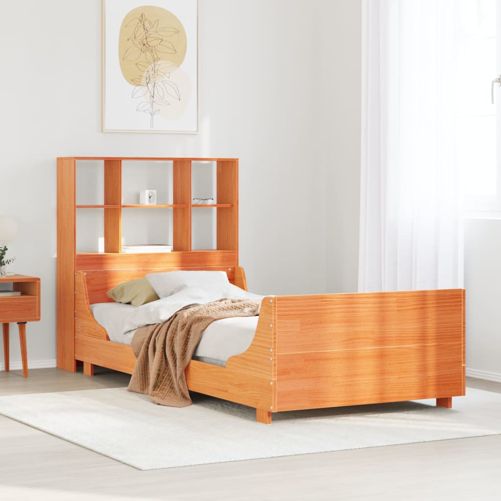 Seng med bokhylle uten madrass voksbrun 100x200 cm heltre