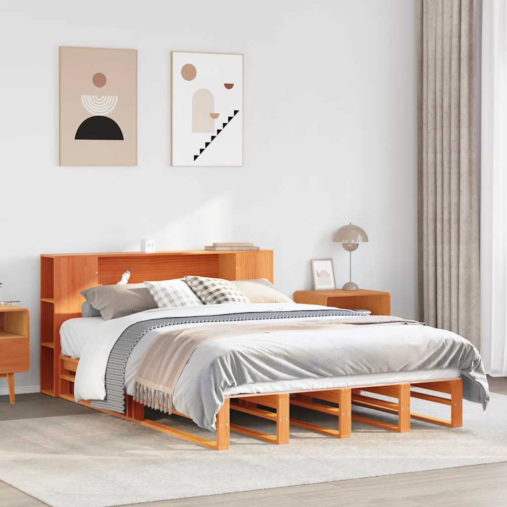 Seng med bokhylle uten madrass voksbrun 150x200 cm heltre
