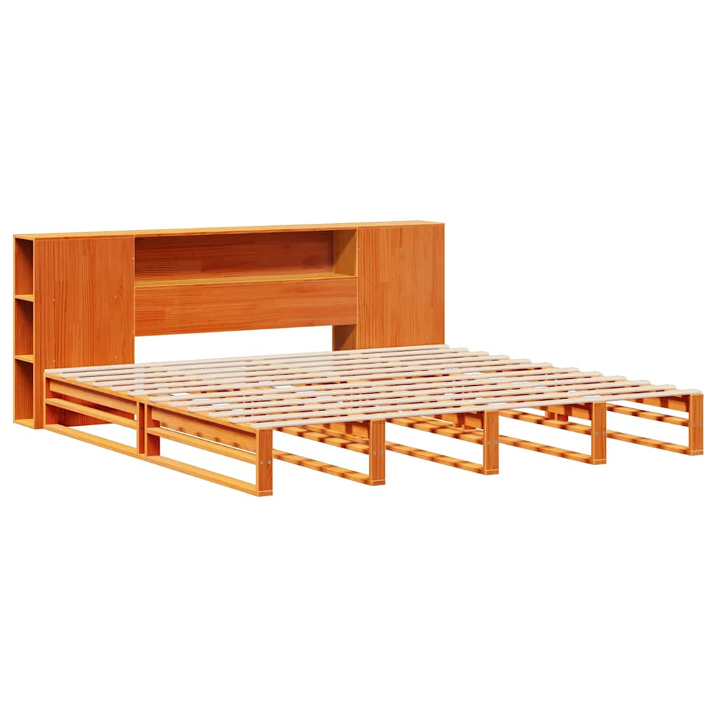 Seng med bokhylle uten madrass voksbrun 200x200 cm heltre