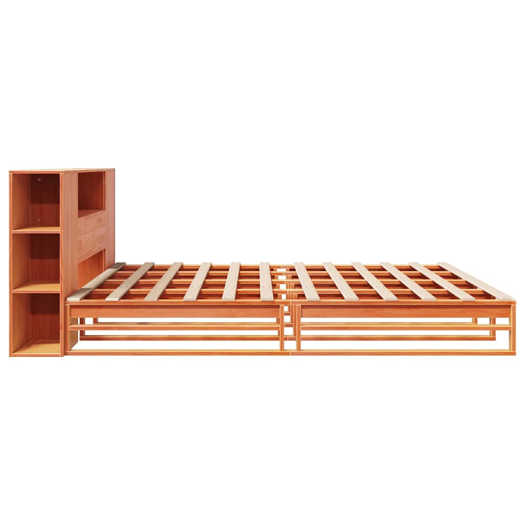 Seng med bokhylle uten madrass voksbrun 200x200 cm heltre
