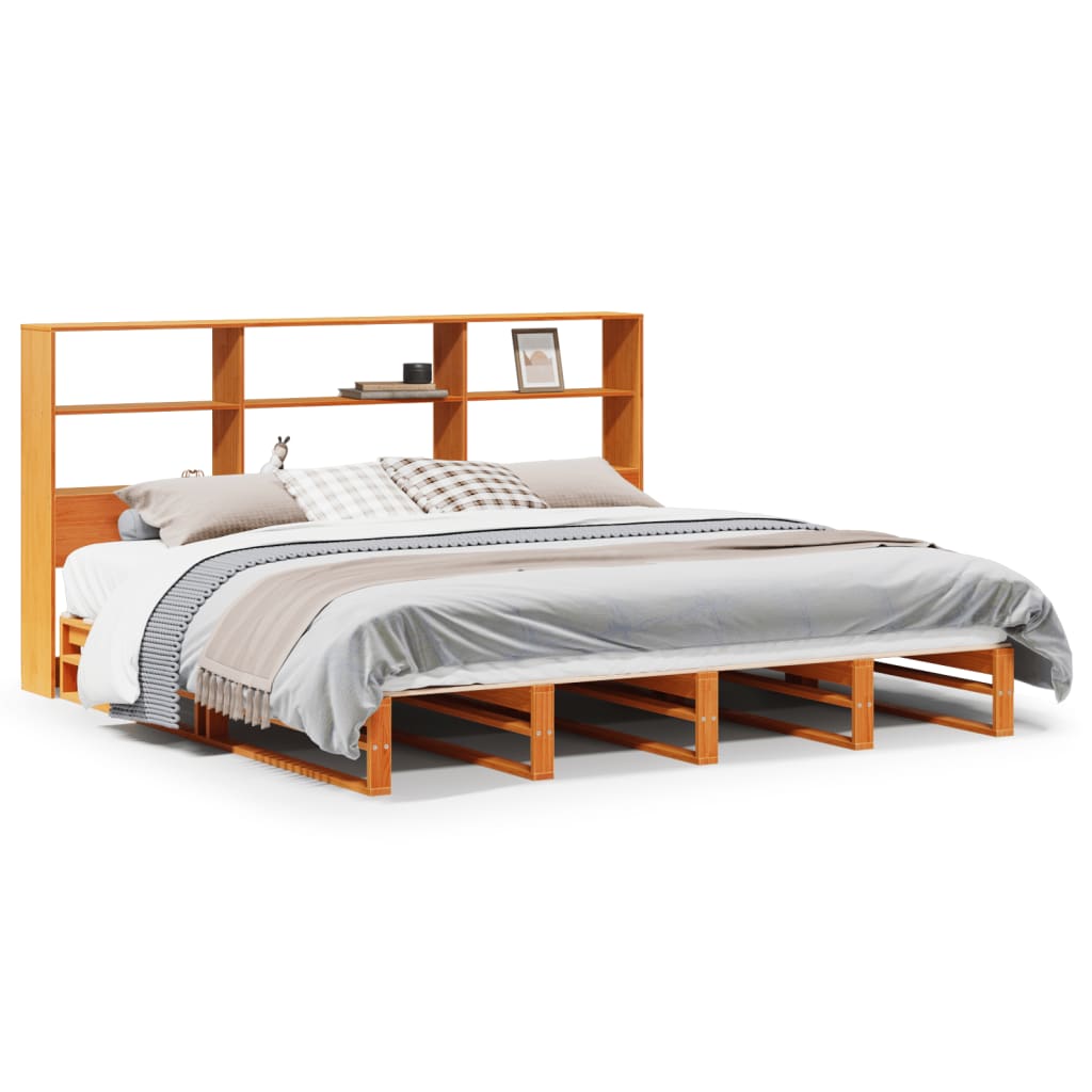 Seng med bokhylle uten madrass voksbrun 200x200 cm heltre
