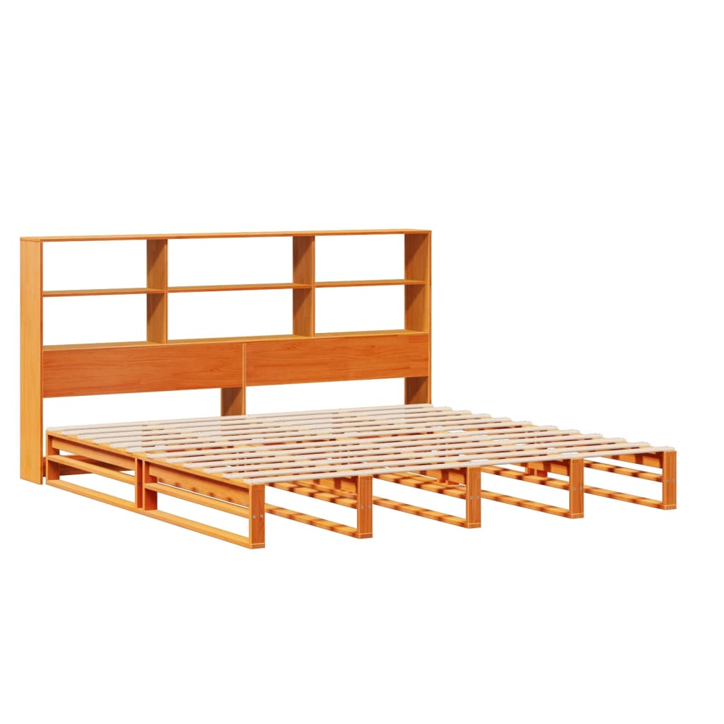 Seng med bokhylle uten madrass voksbrun 200x200 cm heltre