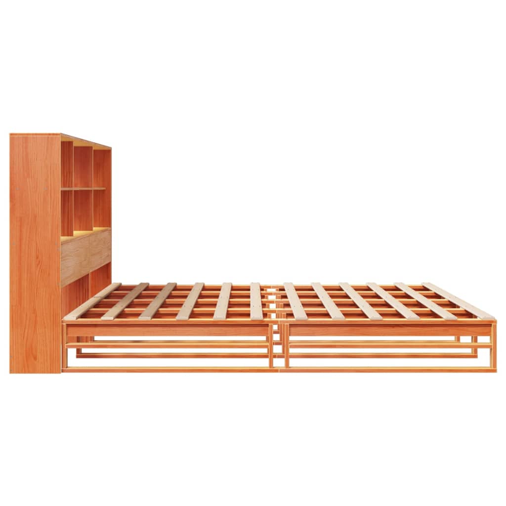 Seng med bokhylle uten madrass voksbrun 200x200 cm heltre