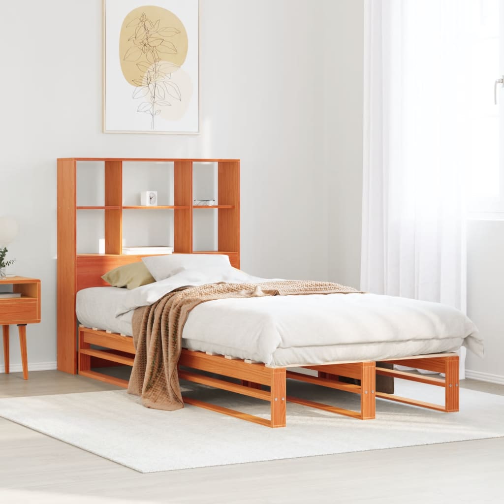 Seng med bokhylle uten madrass voksbrun 75x190 cm heltre