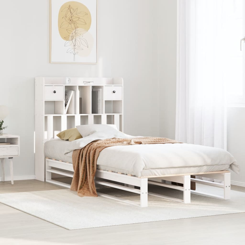 Seng med bokhylle uten madrass hvit 90x200 cm heltre furu