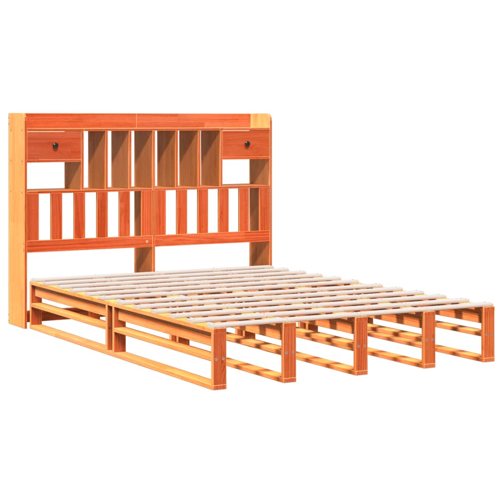 Seng med bokhylle uten madrass voksbrun 150x200 cm heltre furu