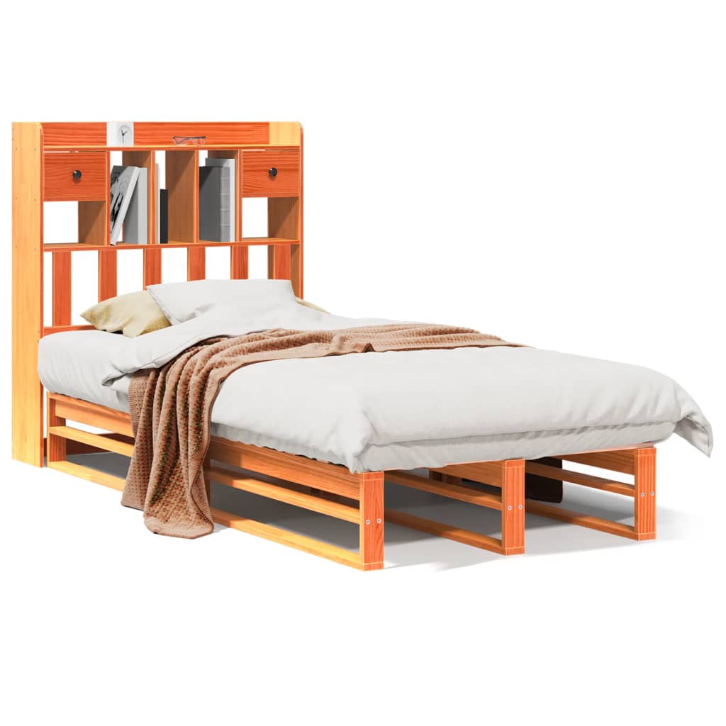 Seng med bokhylle uten madrass voksbrun 75x190 cm heltre furu