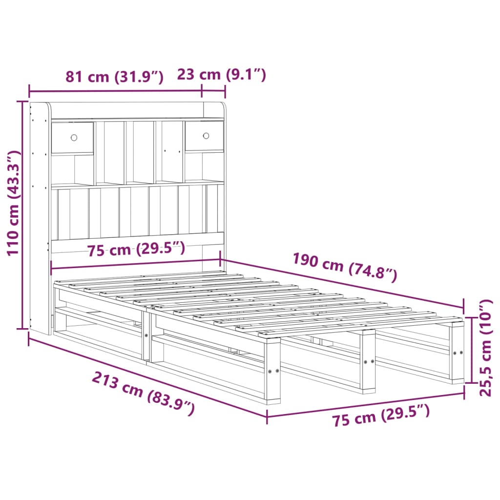Seng med bokhylle uten madrass voksbrun 75x190 cm heltre furu