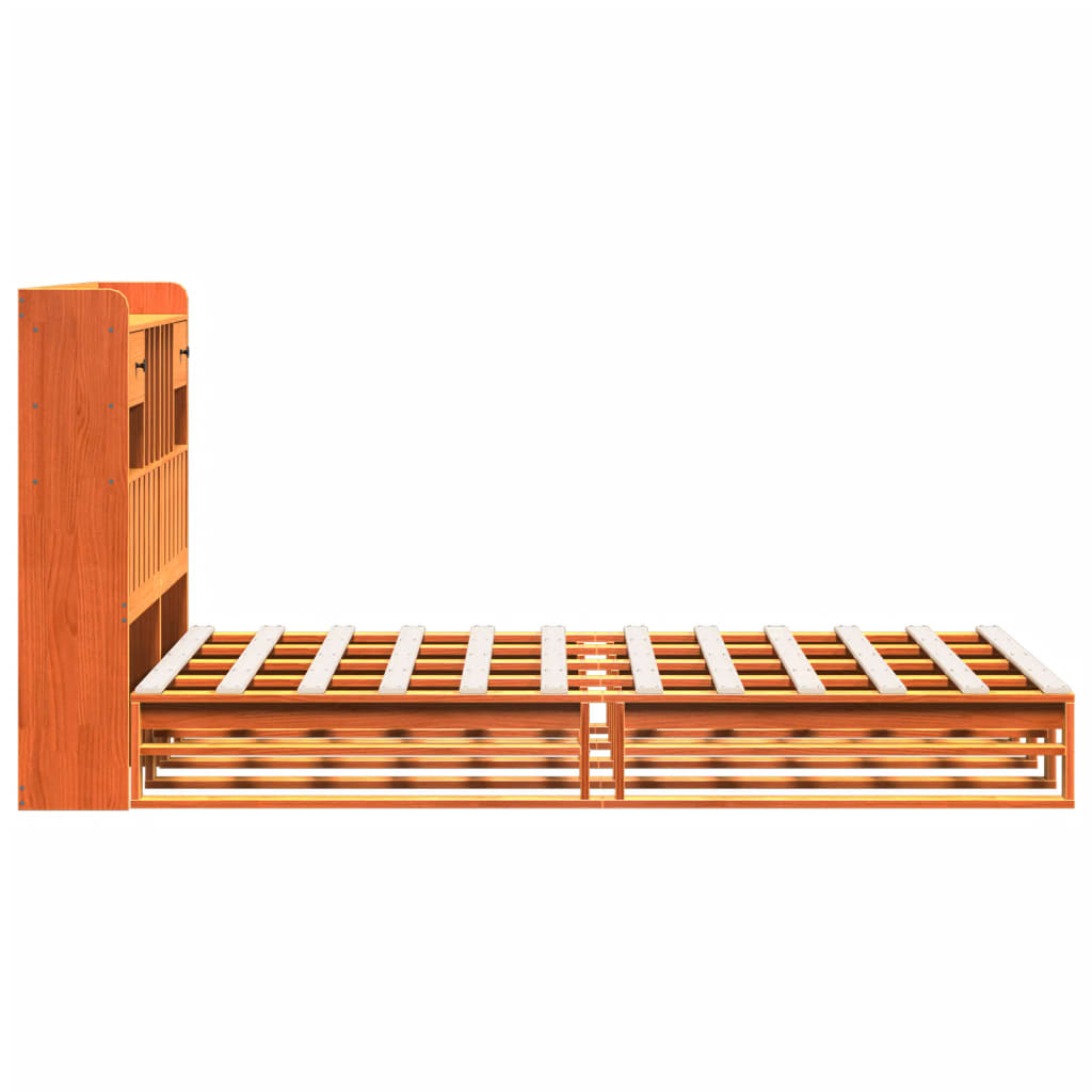 Seng med bokhylle uten madrass voksbrun 135x190 cm heltre furu
