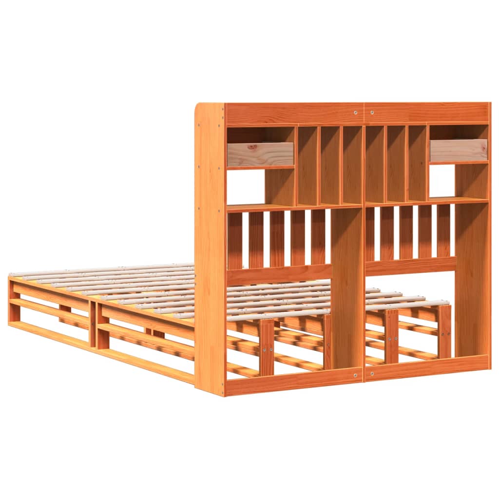 Seng med bokhylle uten madrass voksbrun 135x190 cm heltre furu