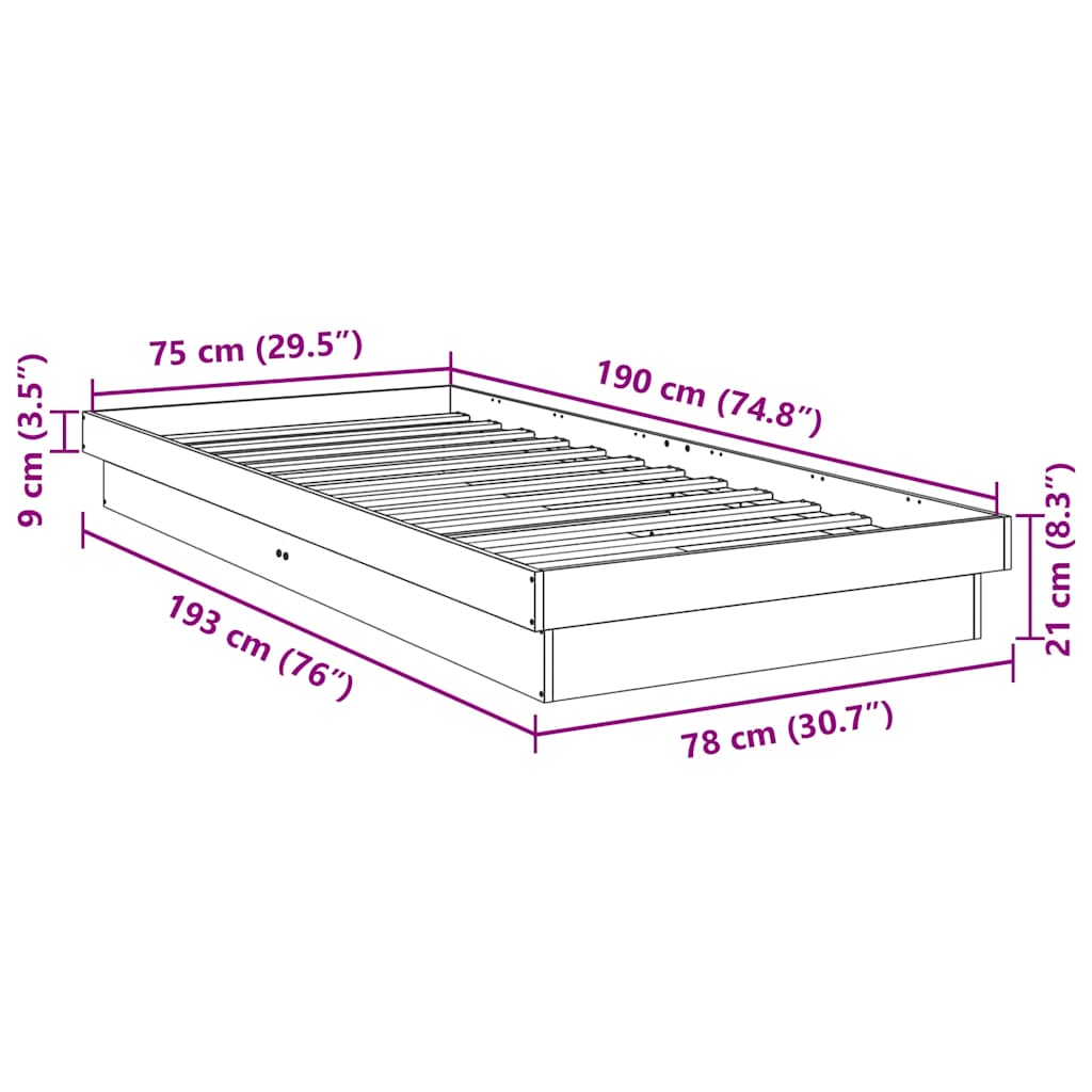 Sengeramme Uten Madrass 75x190 cm Helt Eik