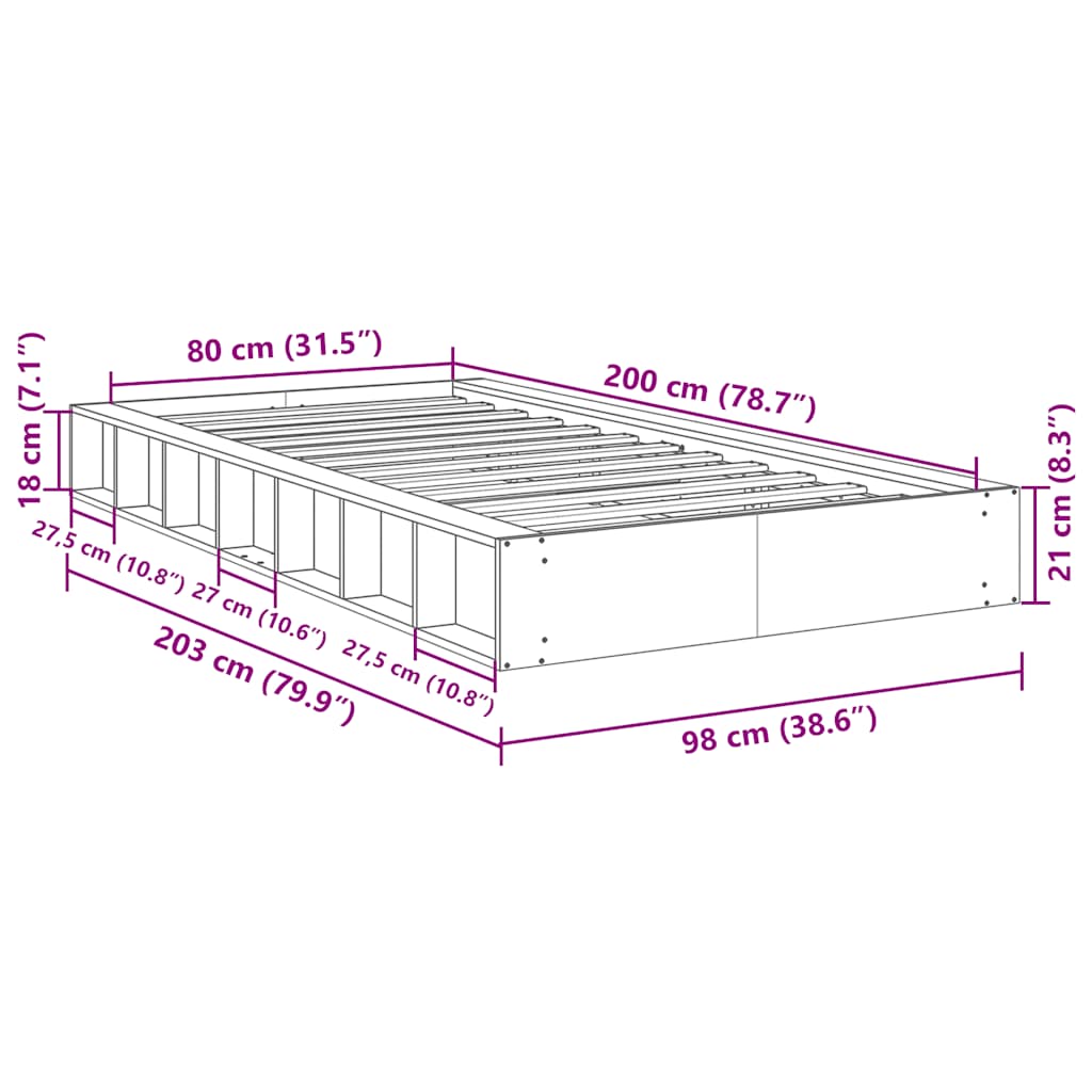 Sengeramme uten Madrass 80x200 cm Heltre Eik