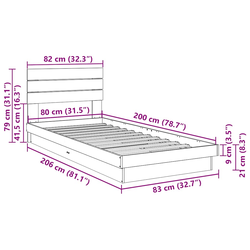 Sengeramme med sengegavl uten madrass 80x200 cm Heltre Eik
