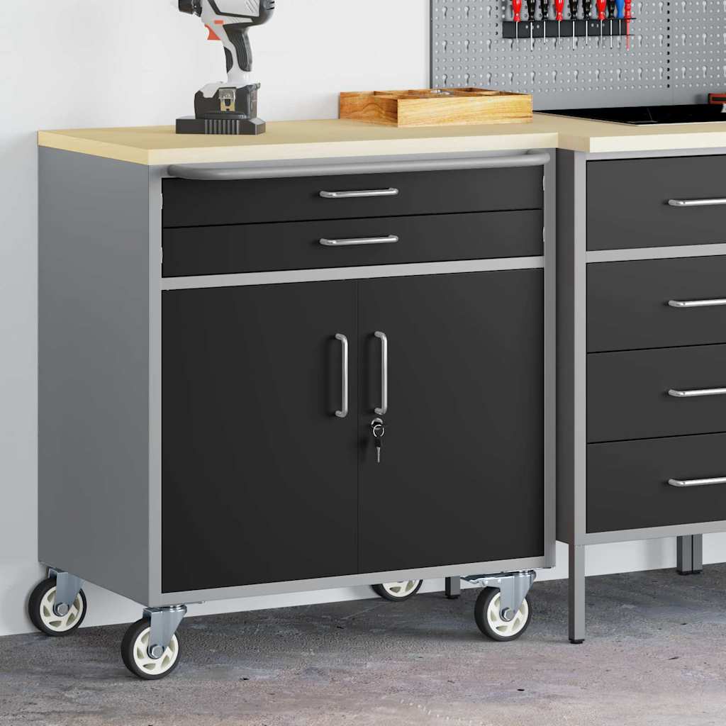 Verkstedbenk med skuff med hjul Svart og Grå 75 x 45 x 85 cm