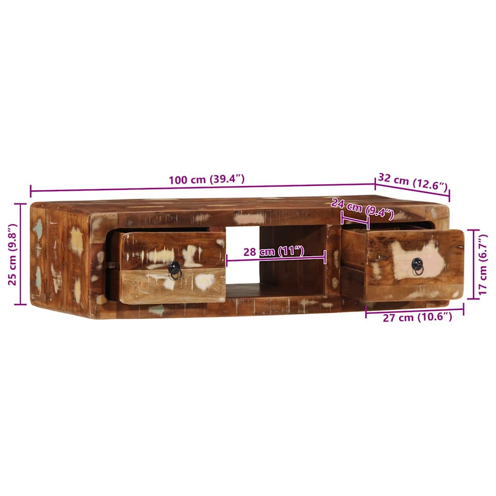 Veggmontert TV-benk 100x32x25 cm gjenvunnet heltre