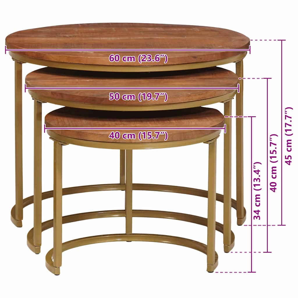 Nestende Kaffebord 3 pcs Honning brun Massivt mangotre og stål