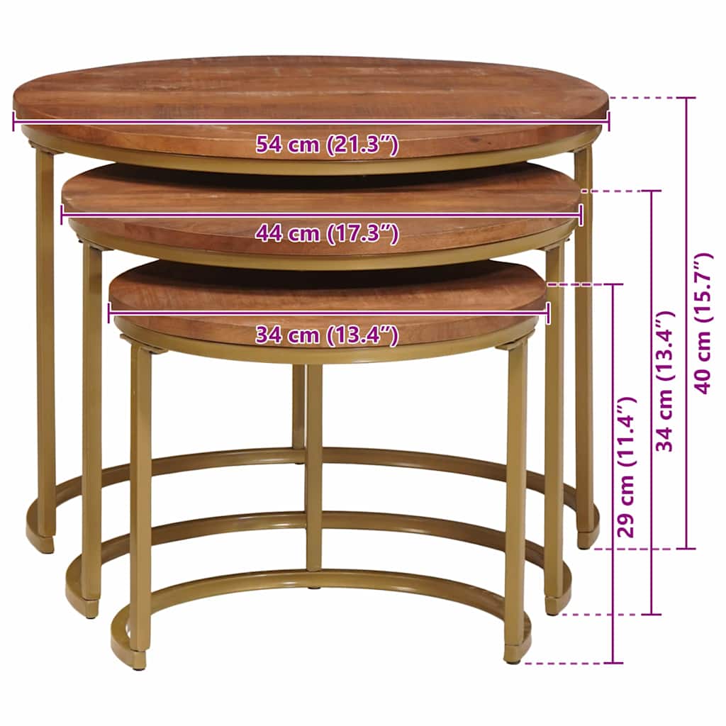 Nestende Kaffebord 3 pcs Honning brun Massivt mangotre og stål