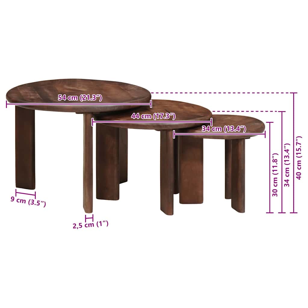 Nestende Kaffebord 3 pcs Mørk brun Massiv mango tre