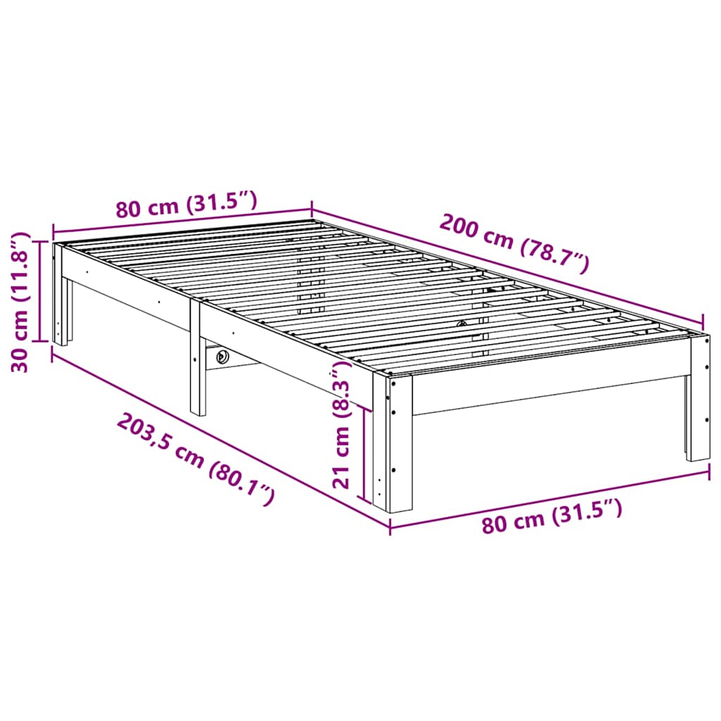 Sengeramme uten madrass voksbrun 80x200 cm heltre furu