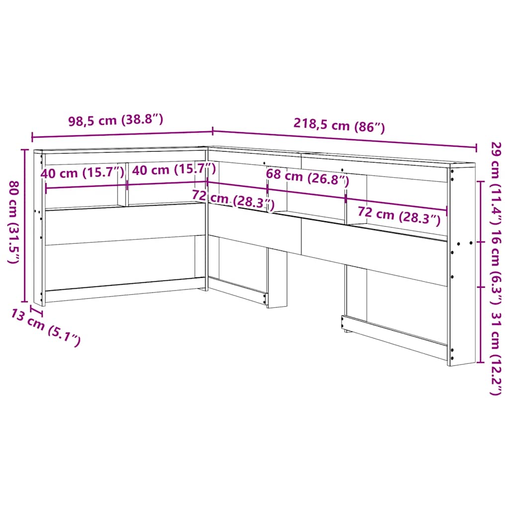 Bokhylle sengegavl L-formet voksbrun 80 cm heltre furu
