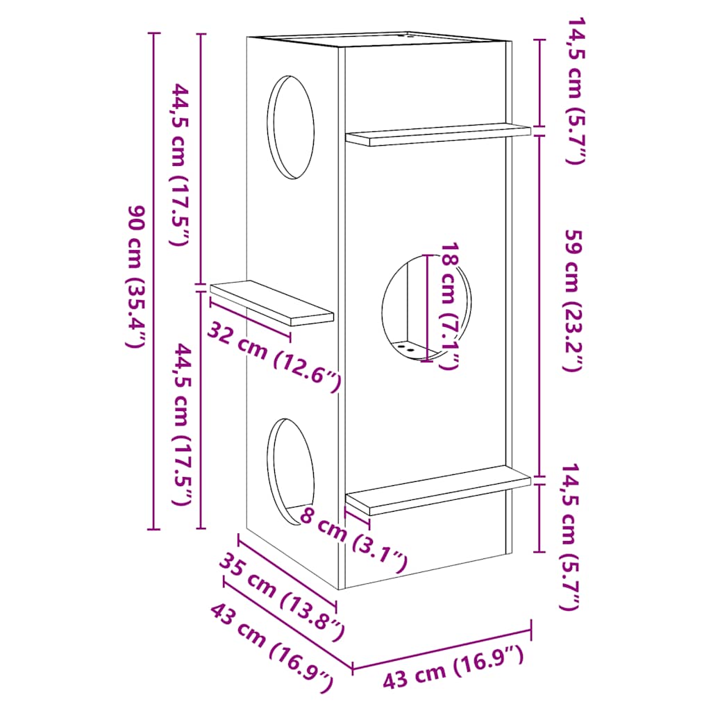 Kattehus voksbrun 43x43x90 cm heltre furu