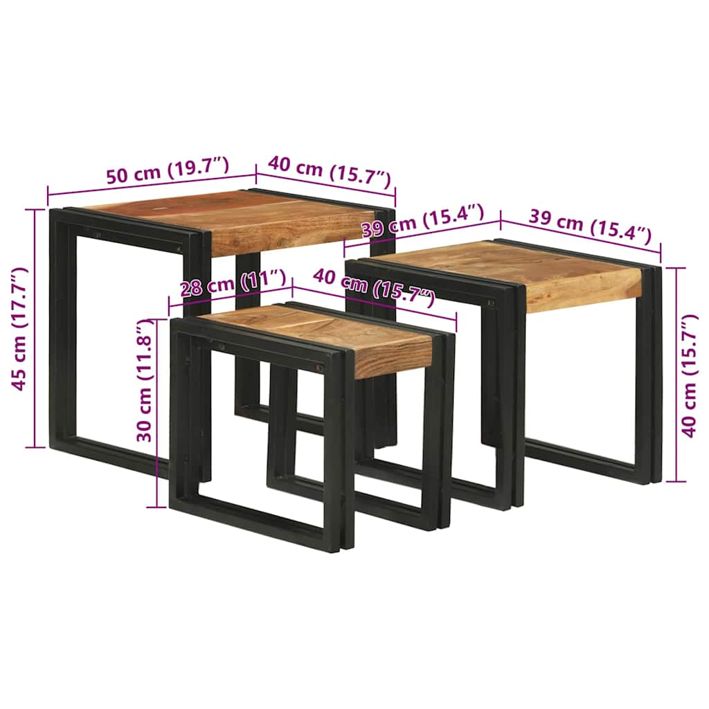 Nesting Bord 3 pcs Brun og svart Massivt akasietre og metall