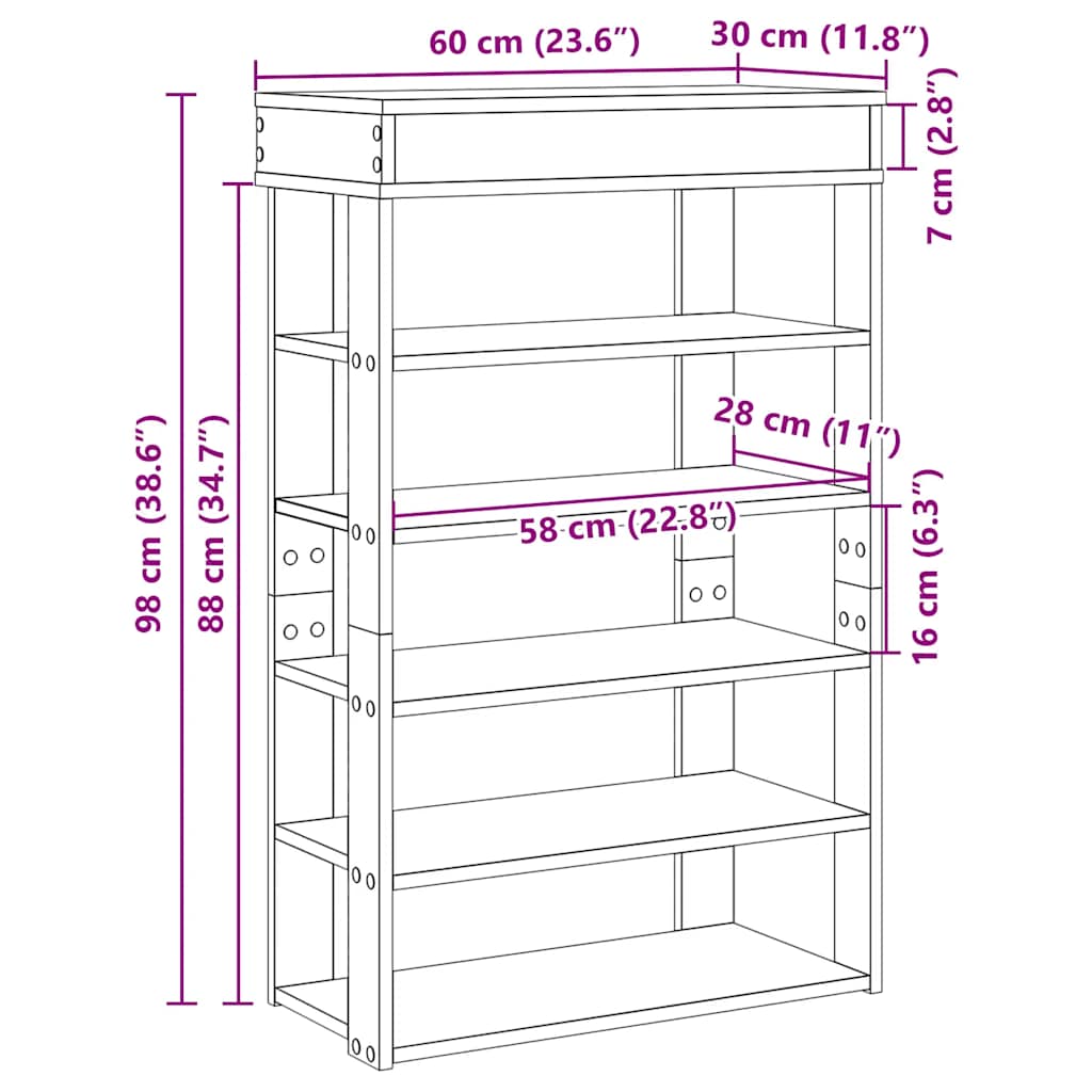 Skohylle artisan eik 60x30x98 cm konstruert tre