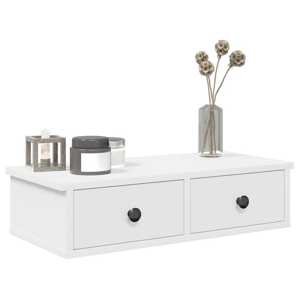Vegghylle med skuffer hvit 60x28x15 cm konstruert tre